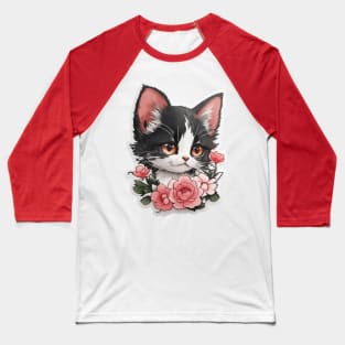 Cute black and white kitten in watercolour with floral design Baseball T-Shirt